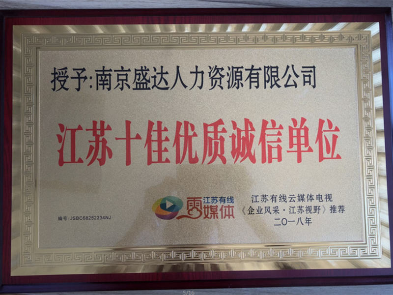 江蘇十佳優(yōu)質(zhì)誠信單位